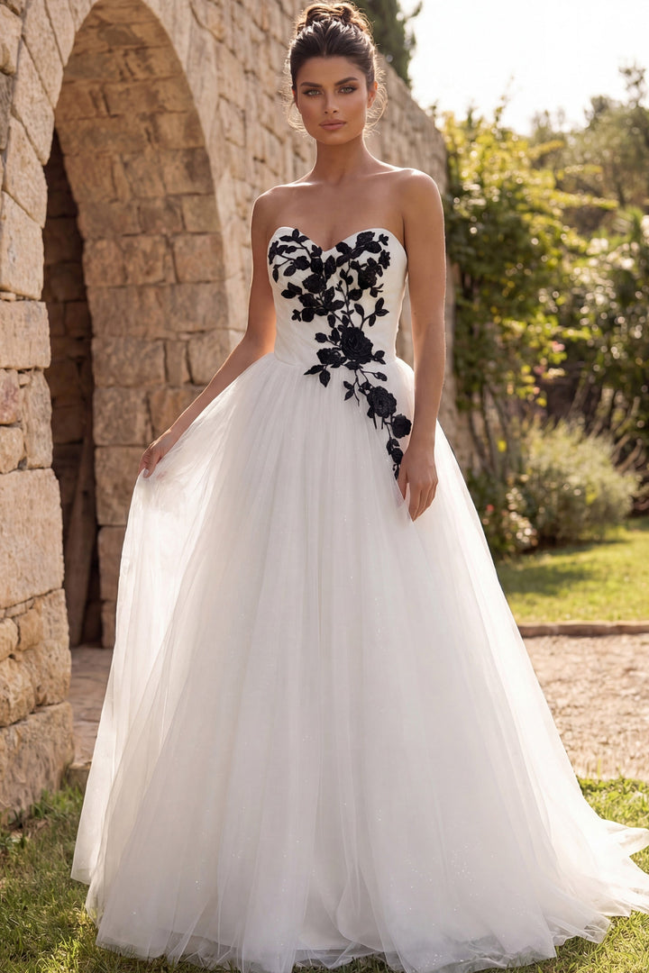 Strapless Floor-Length Tulle Wedding Ball Gown with Floral Appliqué Jovani JB43233 - FOSTANI.com