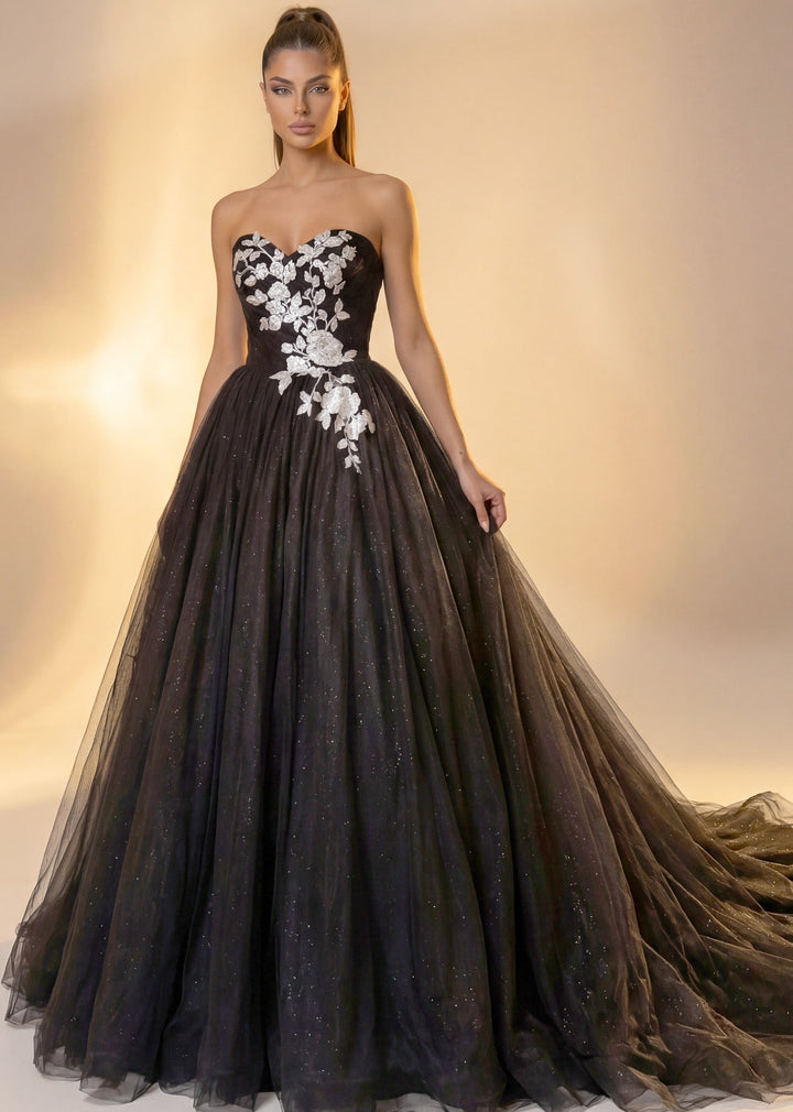 Strapless Floor-Length Tulle Wedding Ball Gown with Floral Appliqué Jovani JB43233 - FOSTANI.com