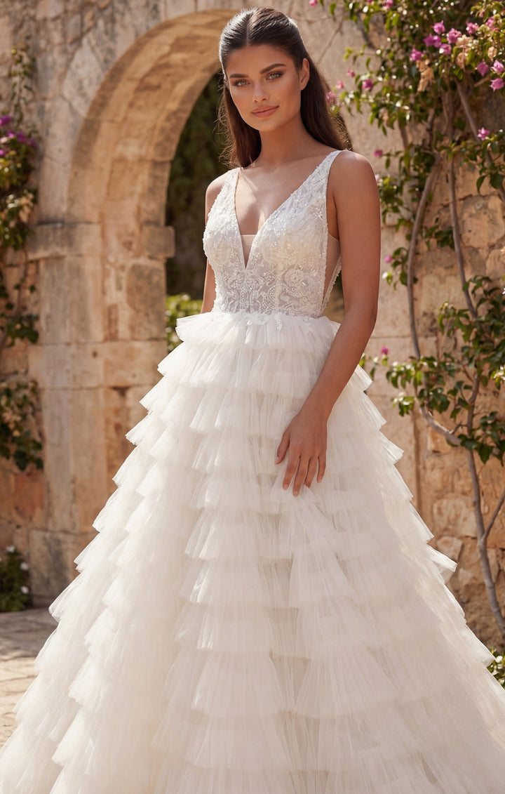 Deep V-Neck Floor-Length Tulle Bridal Ball Gown with Tiered Ruffle Skirt Jovani JB43318 - FOSTANI.com