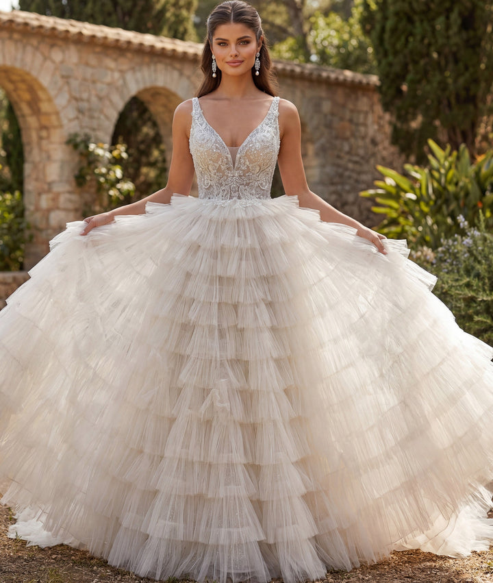 Deep V-Neck Floor-Length Tulle Bridal Ball Gown with Tiered Ruffle Skirt Jovani JB43318 - FOSTANI.com