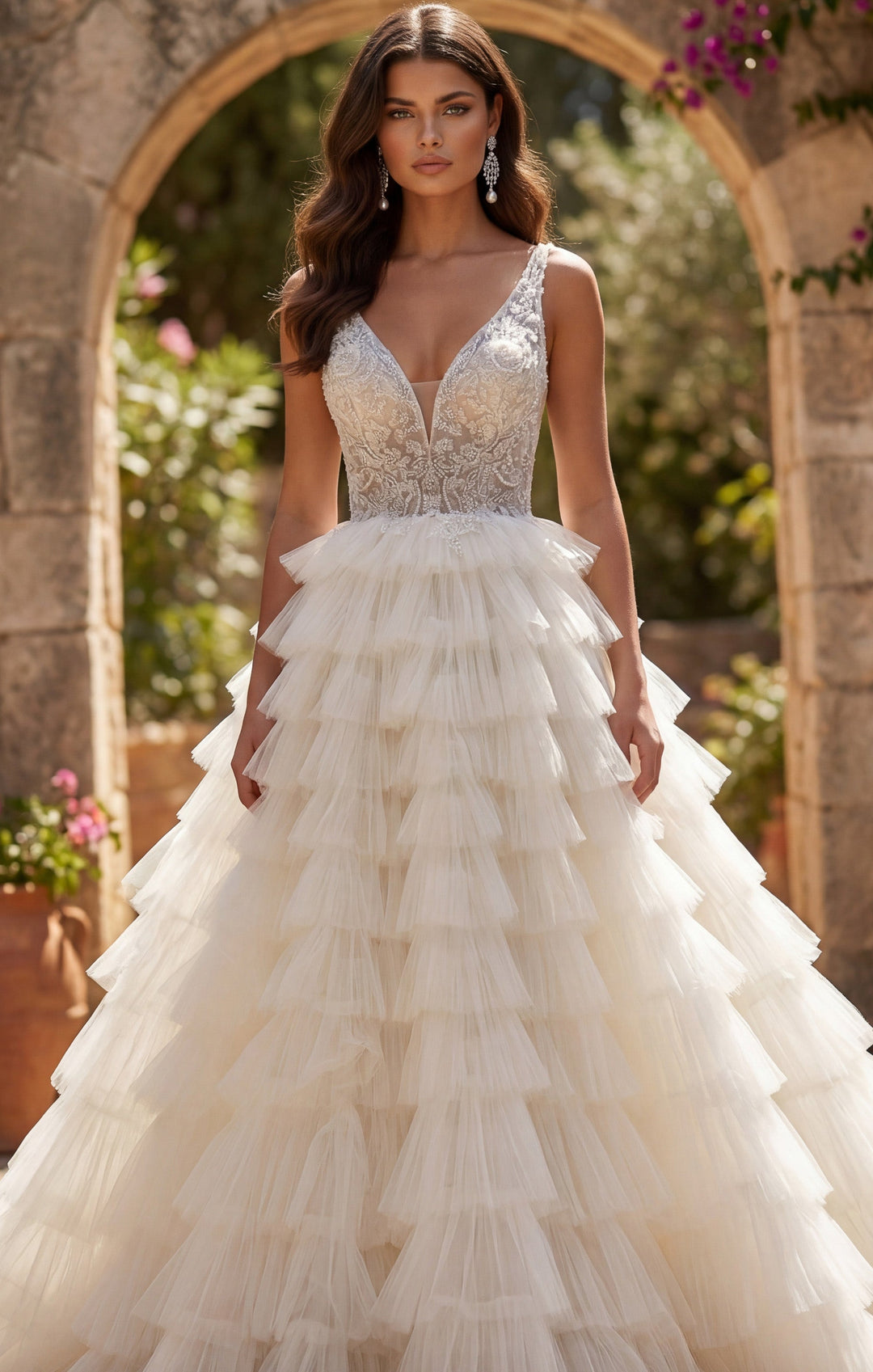 Deep V-Neck Floor-Length Tulle Bridal Ball Gown with Tiered Ruffle Skirt Jovani JB43318 - FOSTANI.com