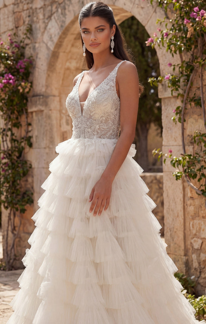Deep V-Neck Floor-Length Tulle Bridal Ball Gown with Tiered Ruffle Skirt Jovani JB43318 - FOSTANI.com