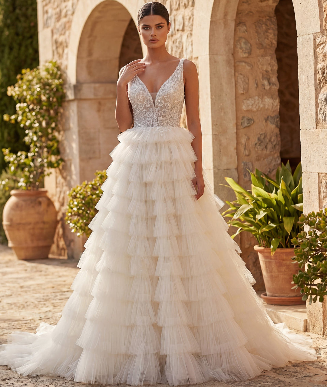 Deep V-Neck Floor-Length Tulle Bridal Ball Gown with Tiered Ruffle Skirt Jovani JB43318 - FOSTANI.com