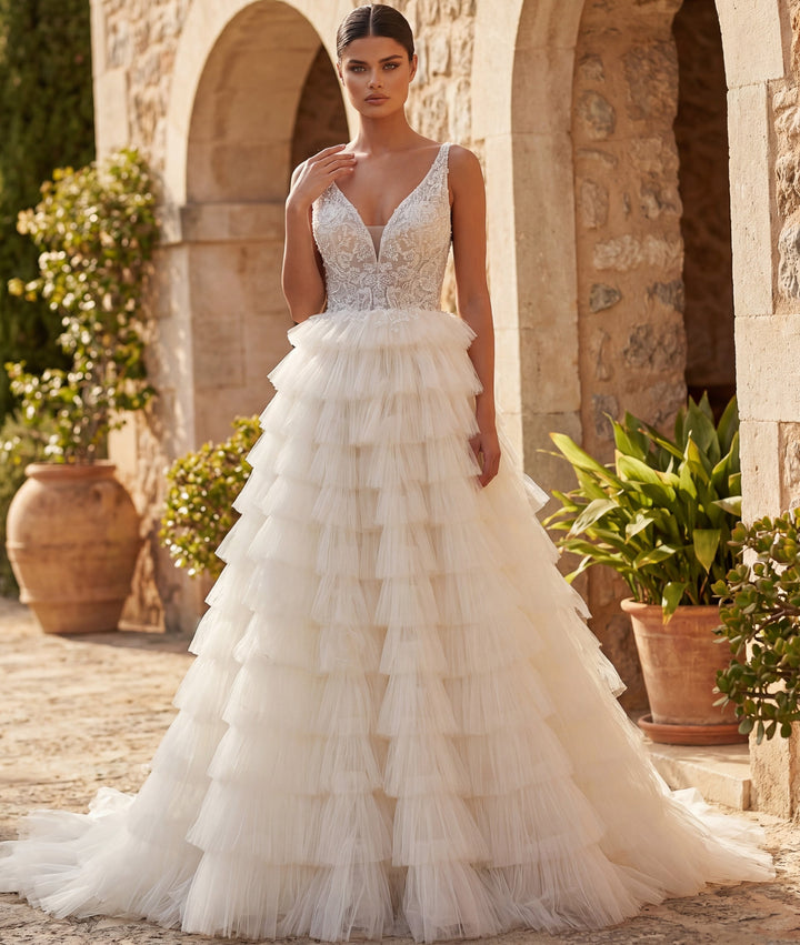 Deep V-Neck Floor-Length Tulle Bridal Ball Gown with Tiered Ruffle Skirt Jovani JB43318 - FOSTANI.com