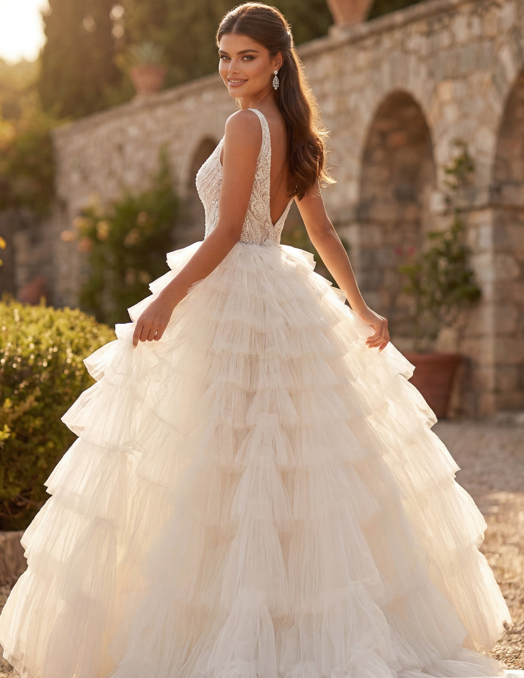 Deep V-Neck Floor-Length Tulle Bridal Ball Gown with Tiered Ruffle Skirt Jovani JB43318 - FOSTANI.com