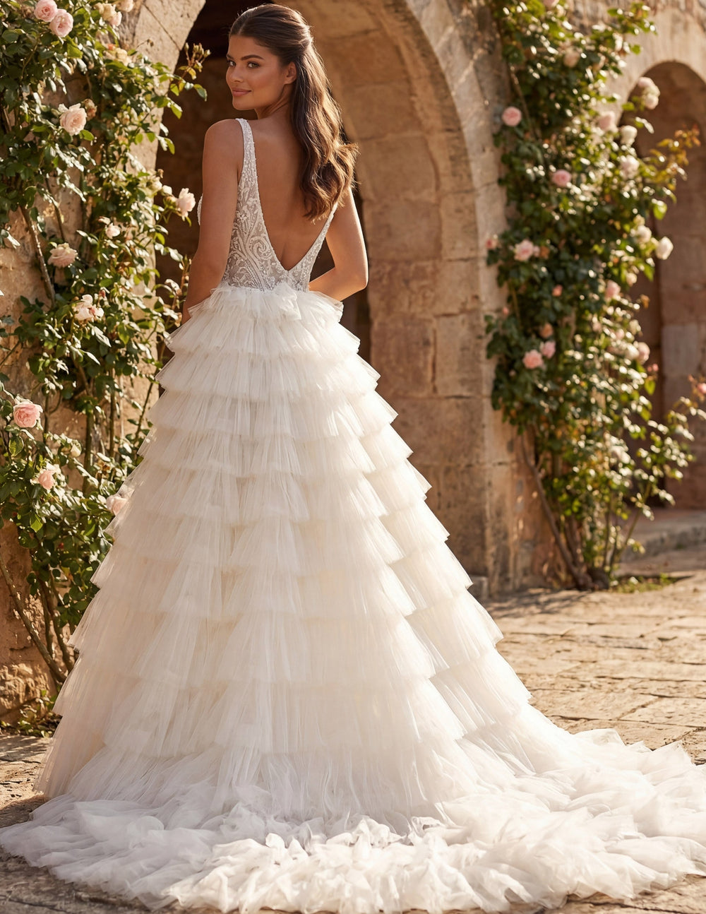 Deep V-Neck Floor-Length Tulle Bridal Ball Gown with Tiered Ruffle Skirt Jovani JB43318 - FOSTANI.com