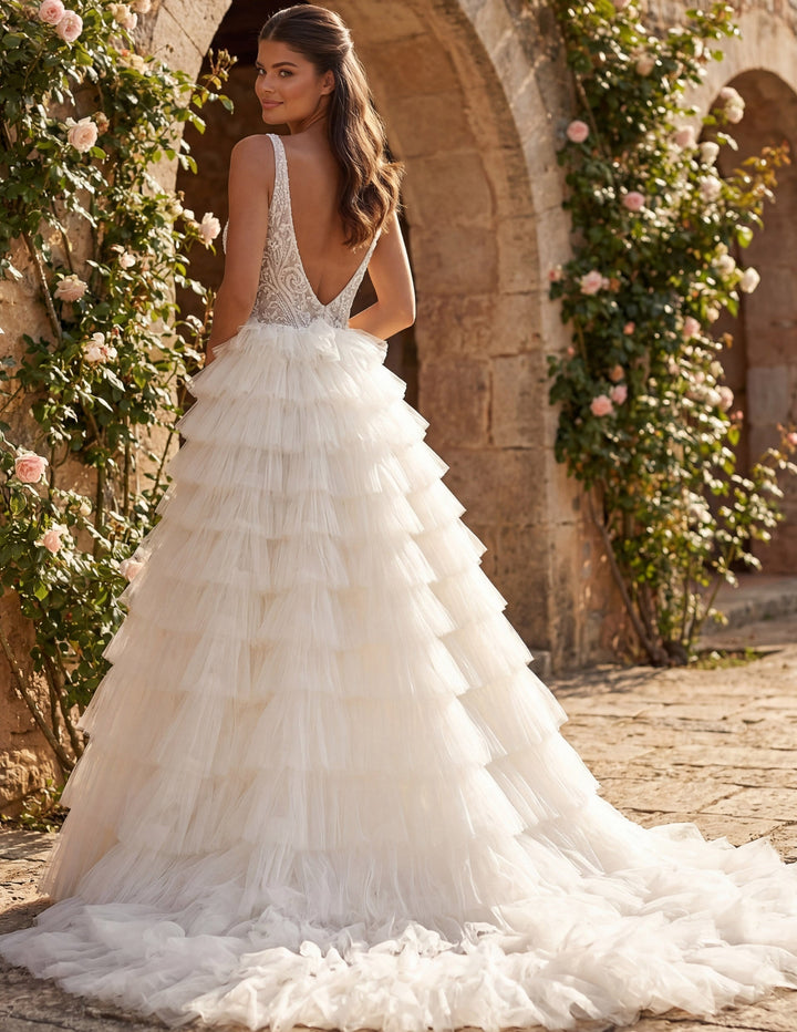 Deep V-Neck Floor-Length Tulle Bridal Ball Gown with Tiered Ruffle Skirt Jovani JB43318 - FOSTANI.com