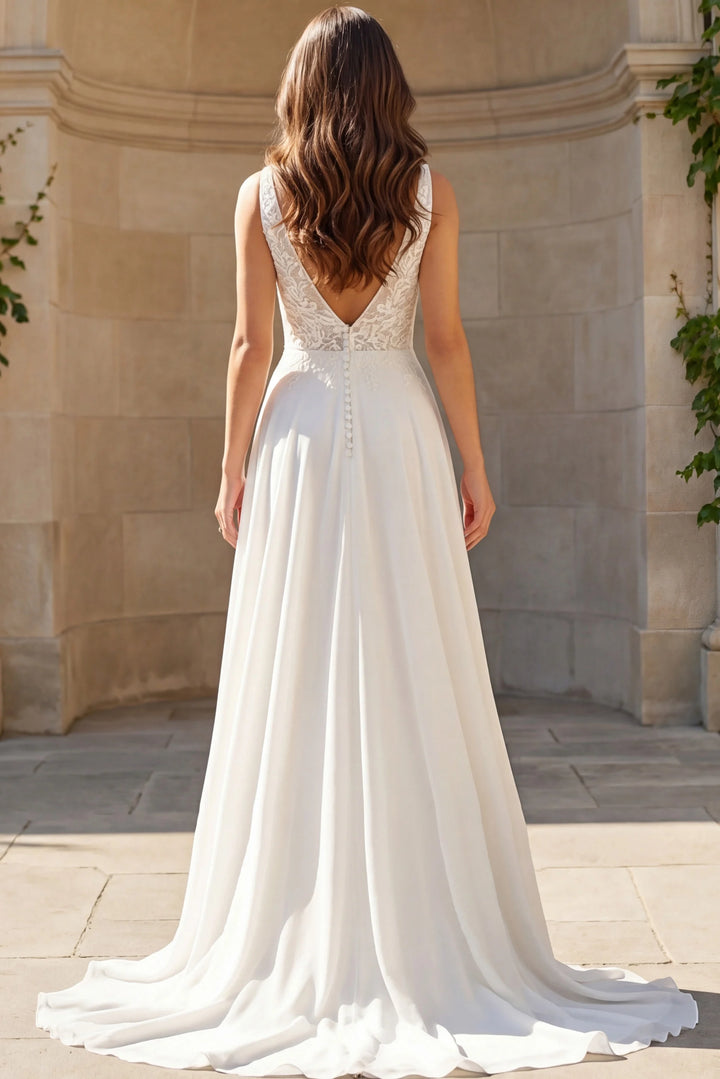 Jovani JB43905 Deep V Neck A Line Bridal Gown With Lace Bodice
