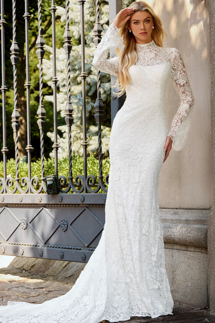 Jovani JB45767 High Neck Lace Wedding Dress Sheath Gown