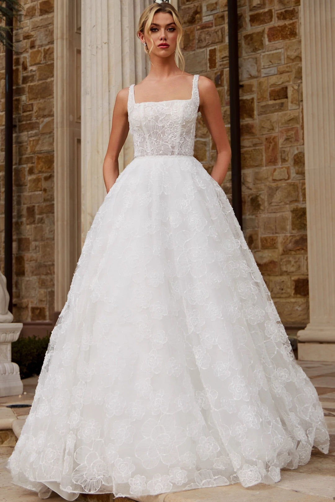 Jovani JB45834 Square Neck Lace Ballgown with Floral Appliqué
