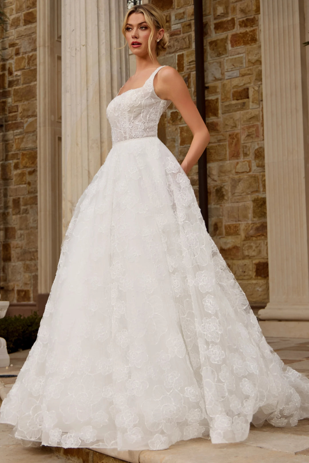 Jovani JB45834 Square Neck Lace Ballgown with Floral Appliqué