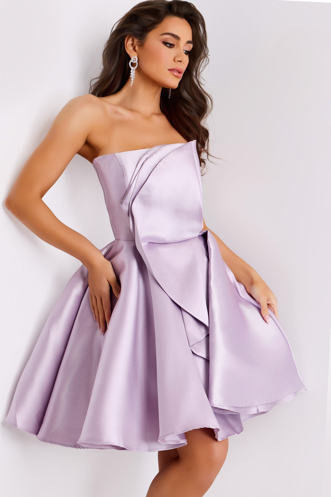 Jovani 42284 Strapless Asymmetric Structured Cascading Ruffle Flared Mini Dress