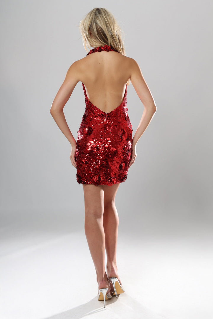 Jovani 51650 Sequin Rosette Halter Mini Dress with Open Back