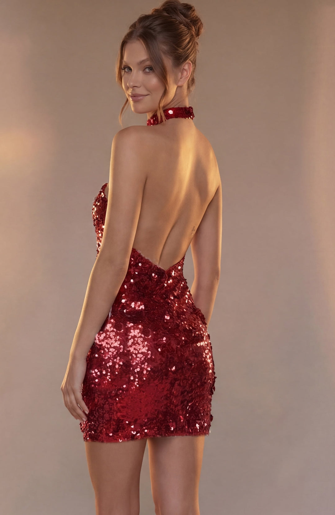 Jovani 51650 Sequin Rosette Halter Mini Dress with Open Back