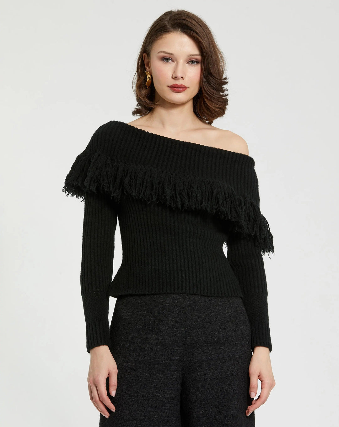 Mac Duggal K10025 Off The Shoulder Fringe Knit Sweater