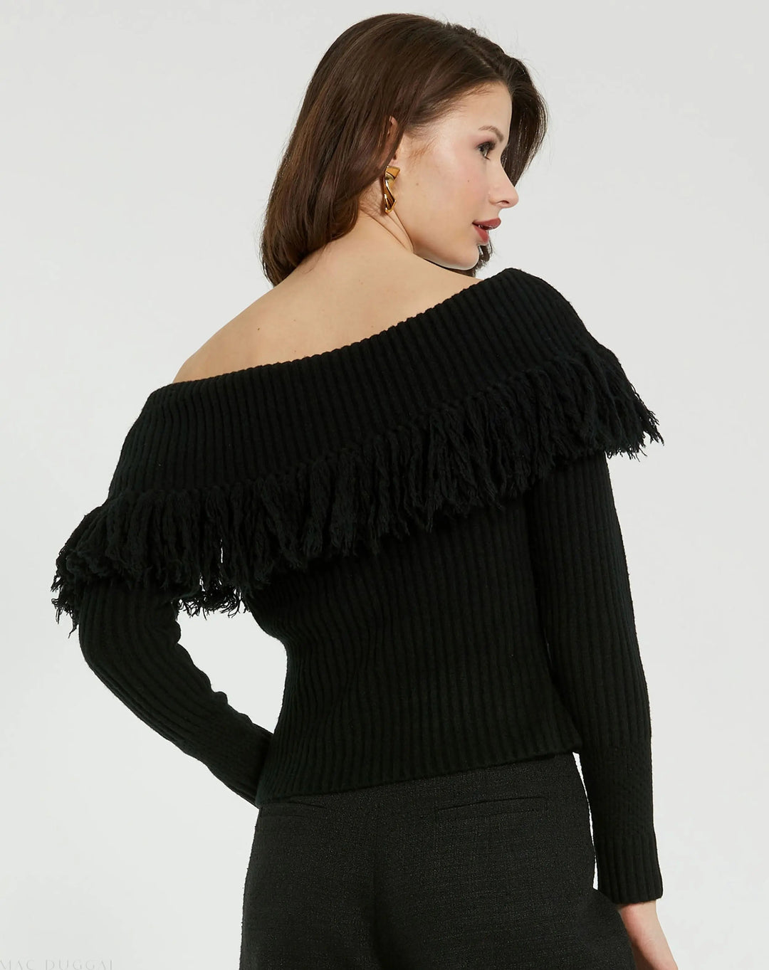 Mac Duggal K10025 Off The Shoulder Fringe Knit Sweater