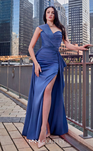 MNM Couture K3979A one-shoulder draped column gown with side slit front view