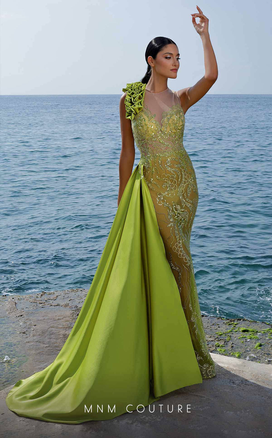 MNM Couture K3994 Illusion High Neck Beaded Side Cascade Column Evening Gown