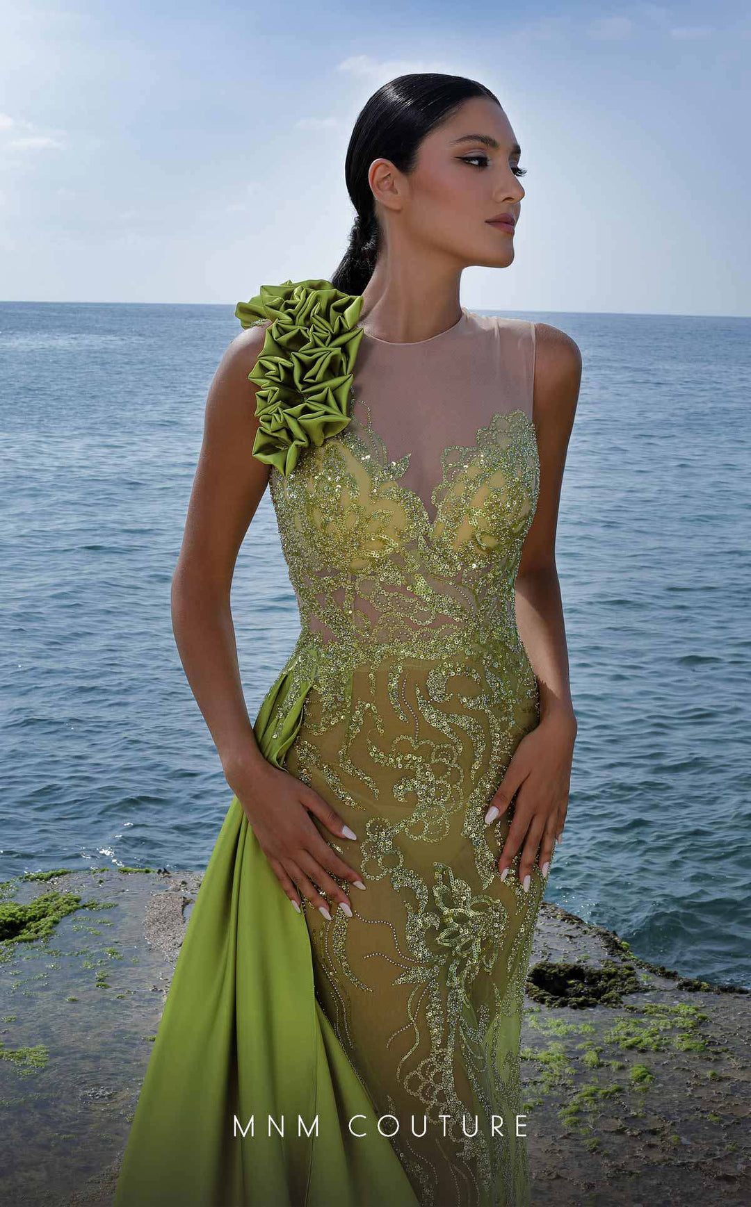 MNM Couture K3994 Illusion High Neck Beaded Side Cascade Column Evening Gown