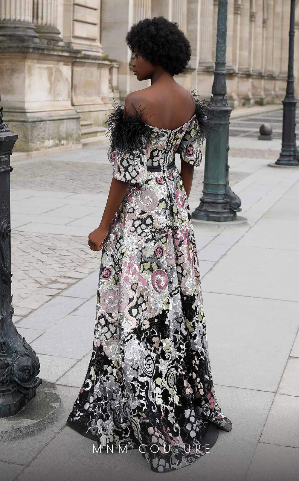 MNM Couture K4058 Off-the-Shoulder Feather Trim Sequin Ball Gown