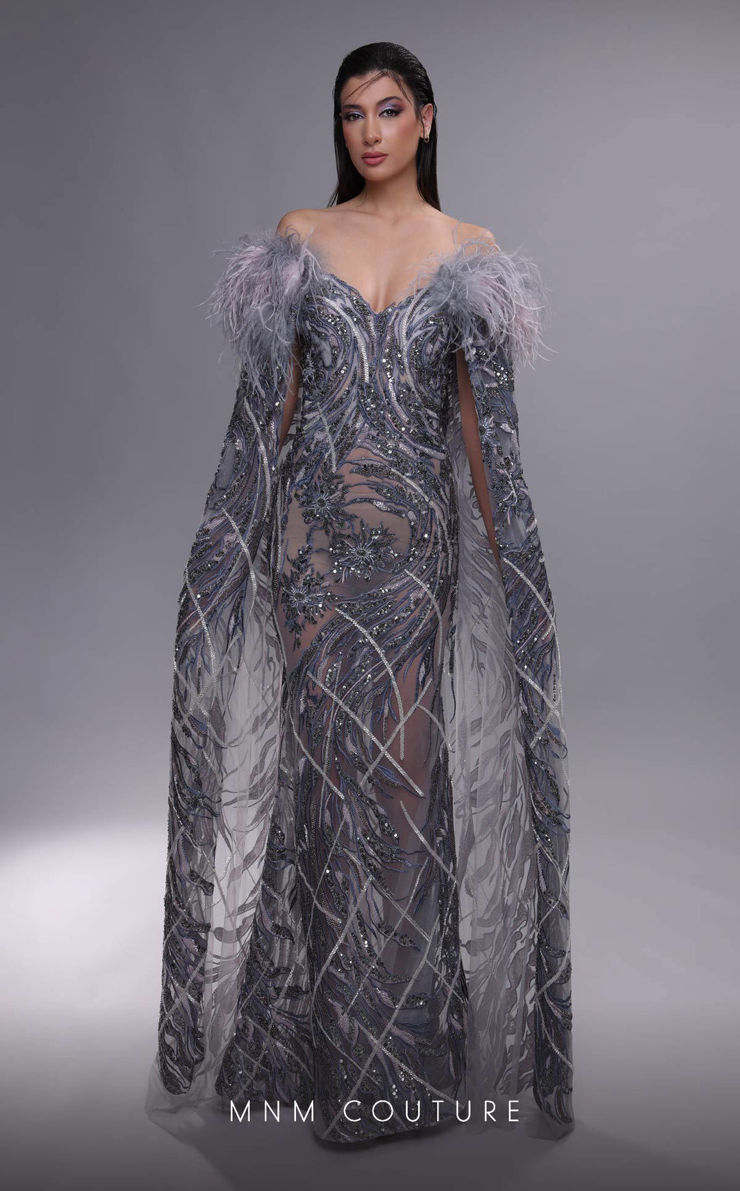 MNM Couture K4097 Off-the-Shoulder Feather Cape Sleeve Beaded Mermaid Evening Gown