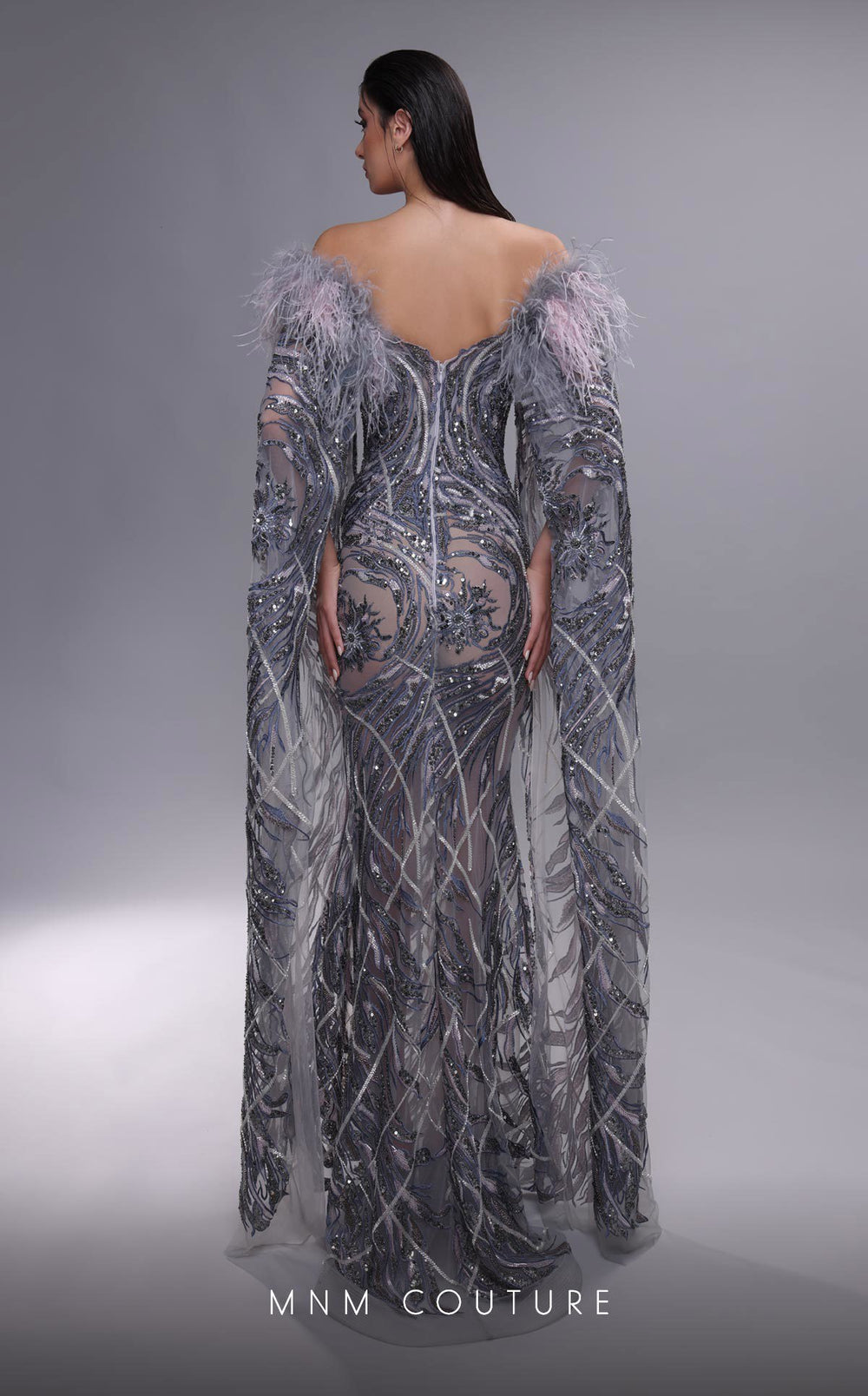 MNM Couture K4097 Off-the-Shoulder Feather Cape Sleeve Beaded Mermaid Evening Gown