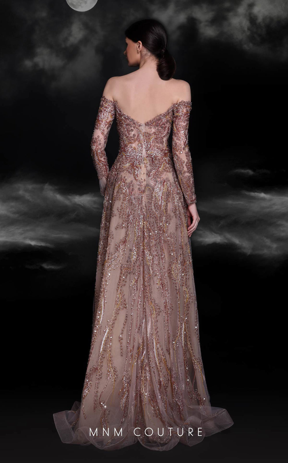 MNM Couture K4121 Off-the-Shoulder Long Sleeve Sequin Column Evening Gown
