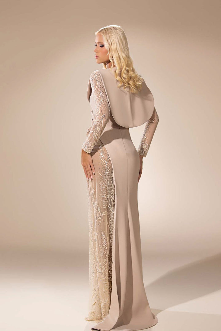 Sheer-Lace Sleeve Dress with Draped Silhouette - FOSTANI.com