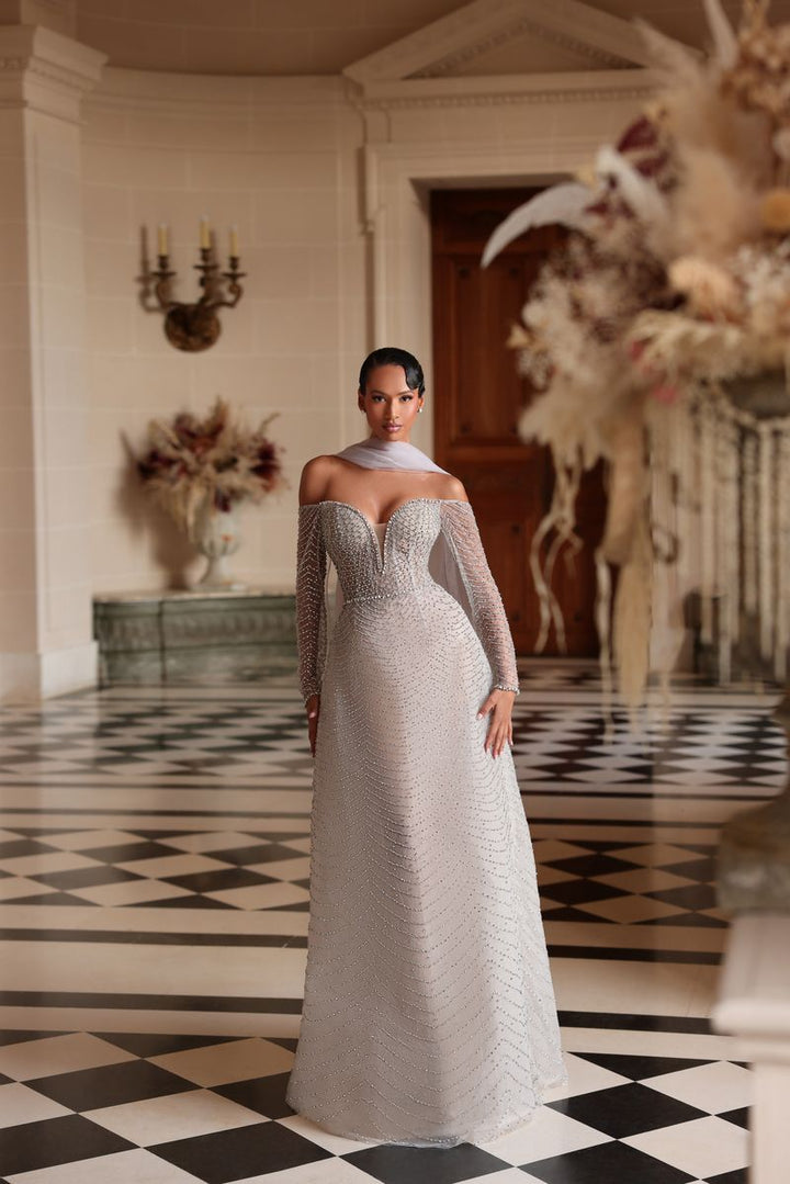 Chic & Holland HF110614 Off Shoulder Sweetheart Plunging Neckline Fully Beaded A Line Matching Scarf Couture Dress