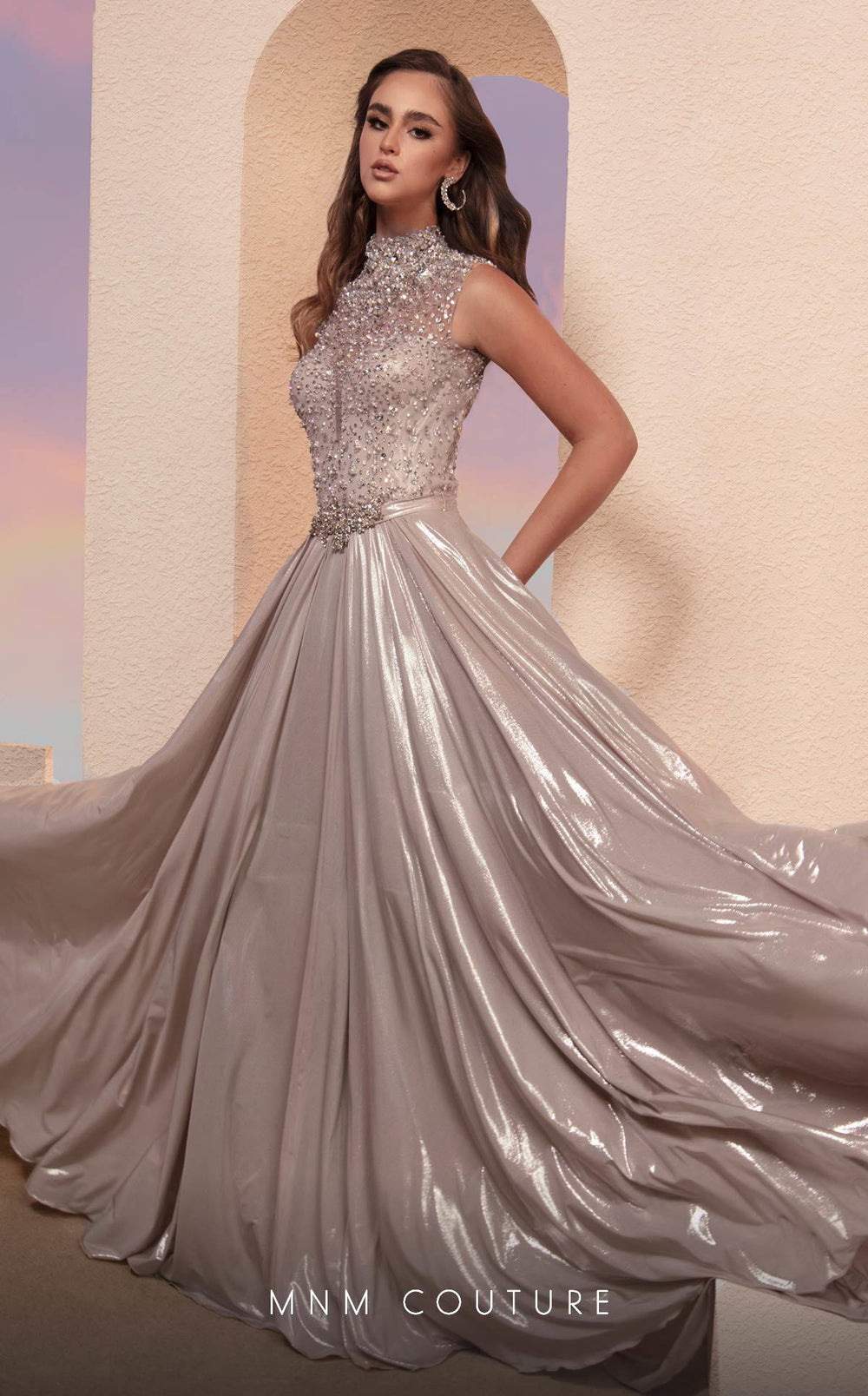 MNM Couture M0087 High Neck Beaded Bodice Belted A-Line Evening Gown
