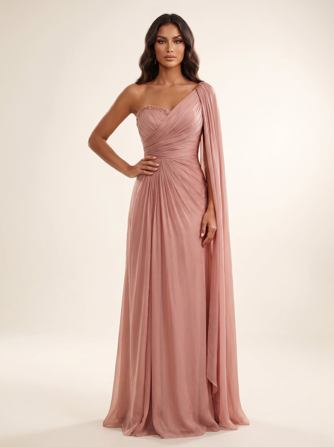Modessa Couture MO26730 one-shoulder cape evening gown front view