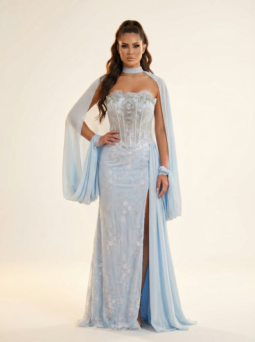 Modessa Couture MO26735 Strapless Corset High Slit Evening Gown with Neck Scarf