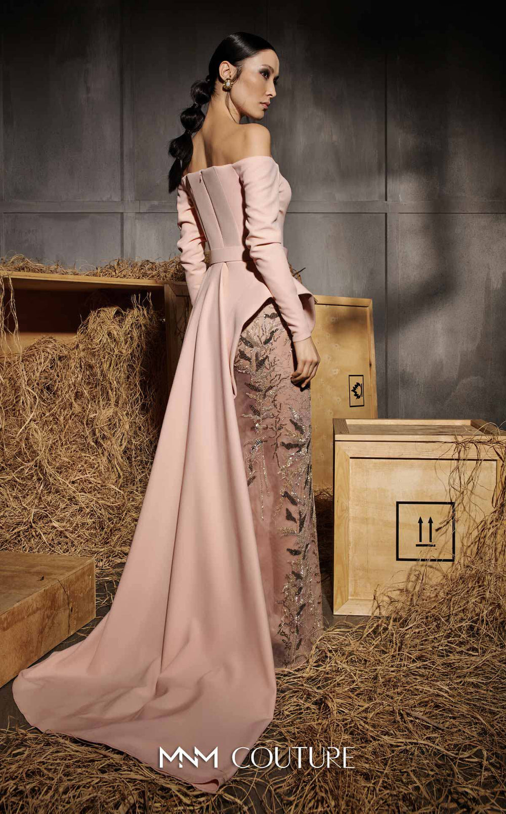 MNM Couture N0660 Off-the-Shoulder Long Sleeve Column Evening Gown with Detachable Overskirt
