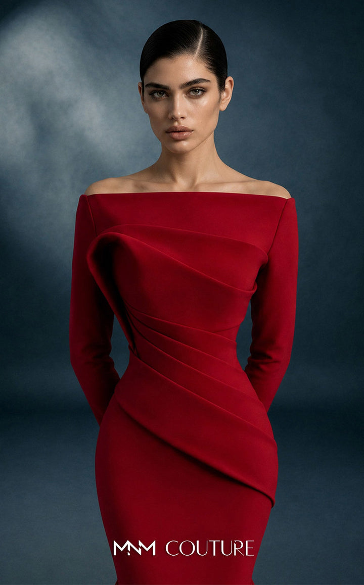 MNM Couture N0761 Off-the-Shoulder Fitted-Sleeve Mermaid Couture Dress