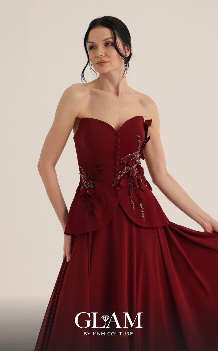 MNM Couture Style O07815: Crepe Corset and Chiffon A-Line Gown with Floral Embellishments - FOSTANI.com