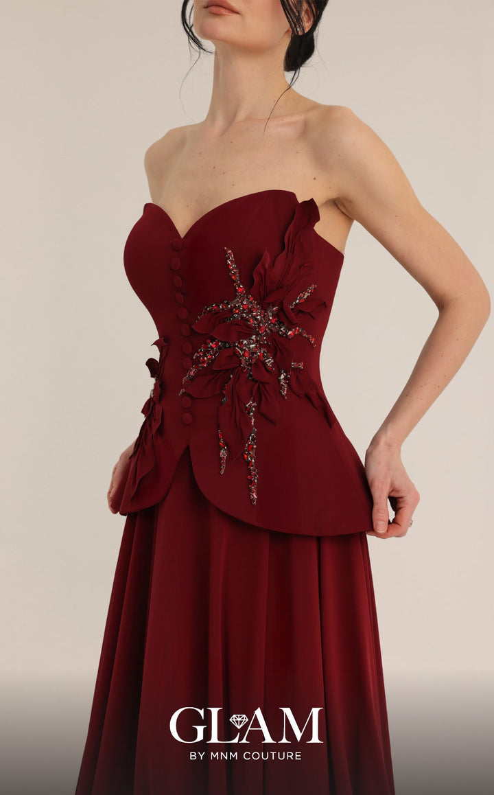 MNM Couture Style O07815: Crepe Corset and Chiffon A-Line Gown with Floral Embellishments - FOSTANI.com