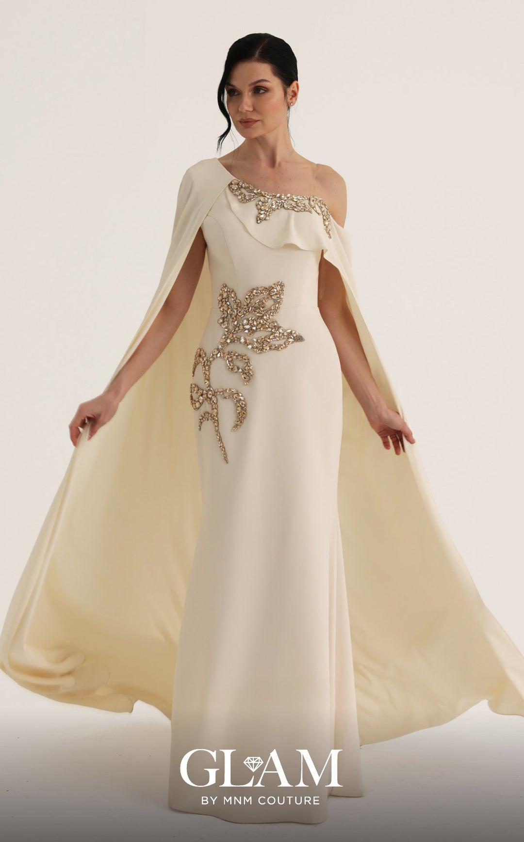 MNM Couture Style O07824: Exquisite Mermaid Crepe Gown with Cape, Crystal & Rhinestone Embellishments - FOSTANI.com
