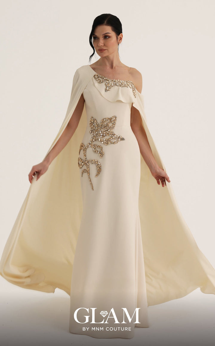 MNM Couture Style O07824: Exquisite Mermaid Crepe Gown with Cape, Crystal & Rhinestone Embellishments - FOSTANI.com