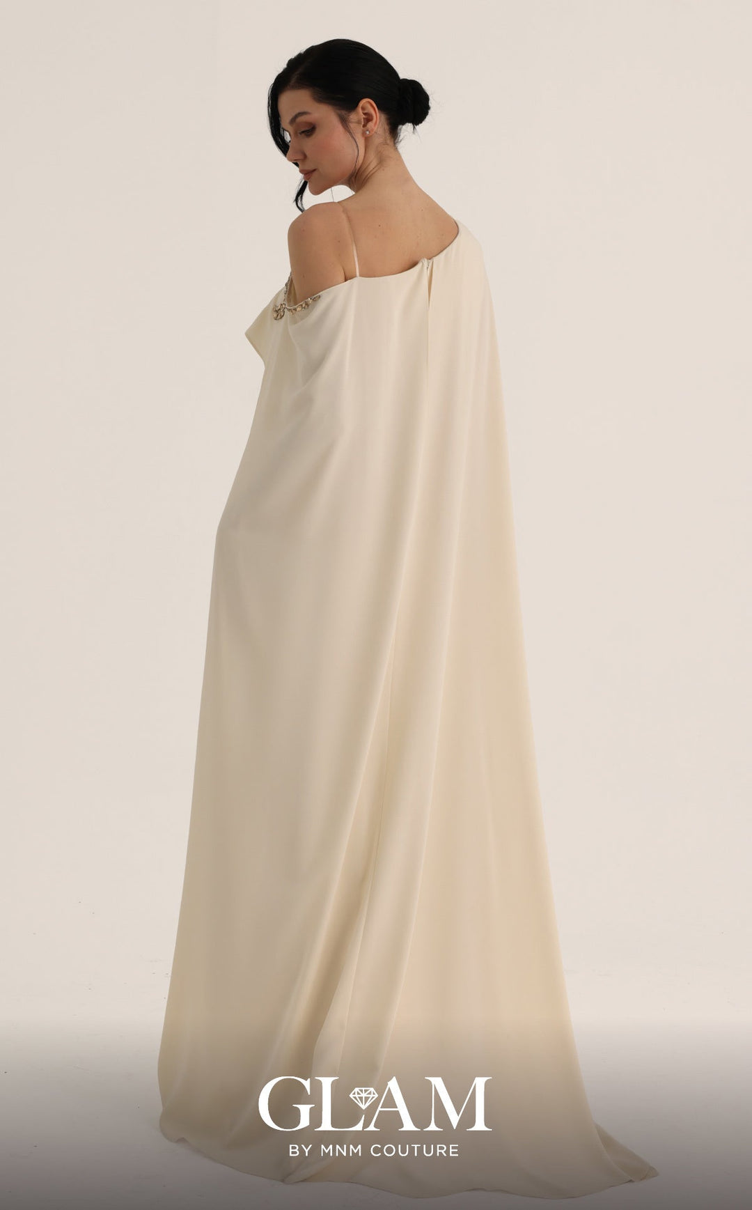 MNM Couture Style O07824: Exquisite Mermaid Crepe Gown with Cape, Crystal & Rhinestone Embellishments - FOSTANI.com