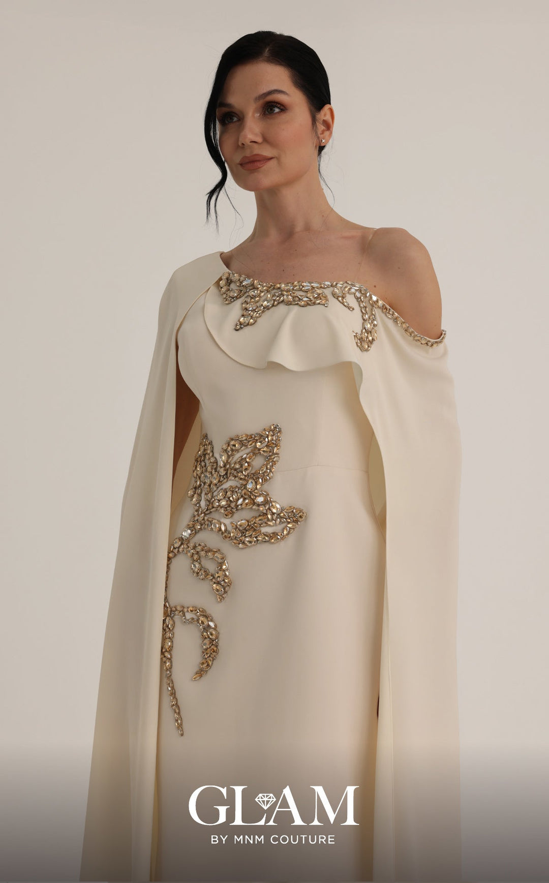 MNM Couture Style O07824: Exquisite Mermaid Crepe Gown with Cape, Crystal & Rhinestone Embellishments - FOSTANI.com