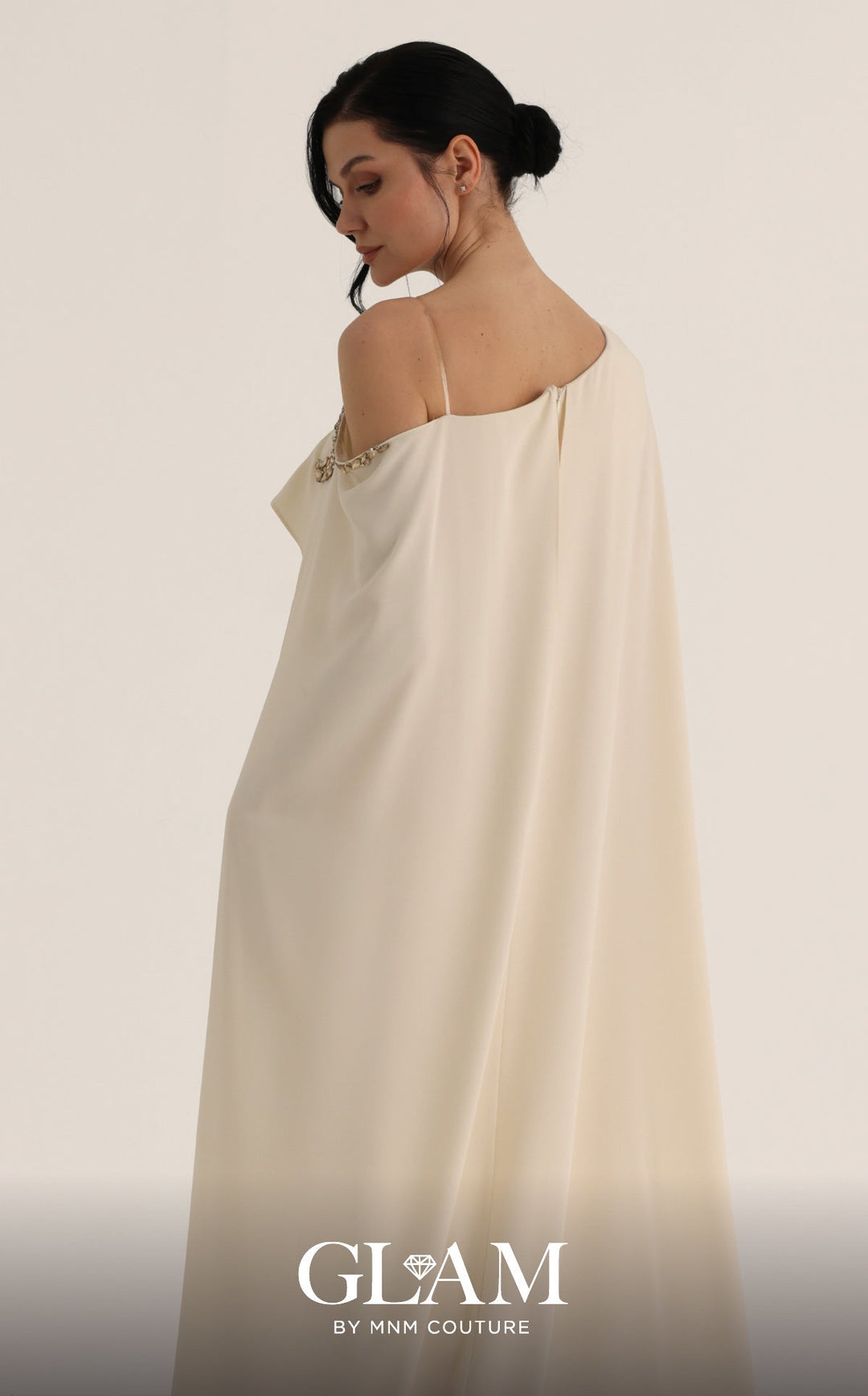 MNM Couture Style O07824: Exquisite Mermaid Crepe Gown with Cape, Crystal & Rhinestone Embellishments - FOSTANI.com