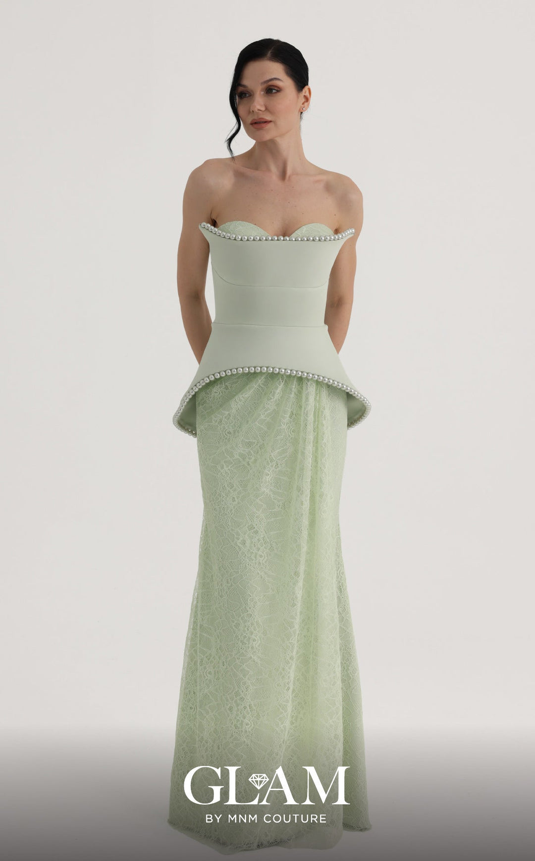 MNM Couture Style O07829: Luxurious Crepe and Lace A-Line Gown with Elegant Pearl Embellishments - FOSTANI.com
