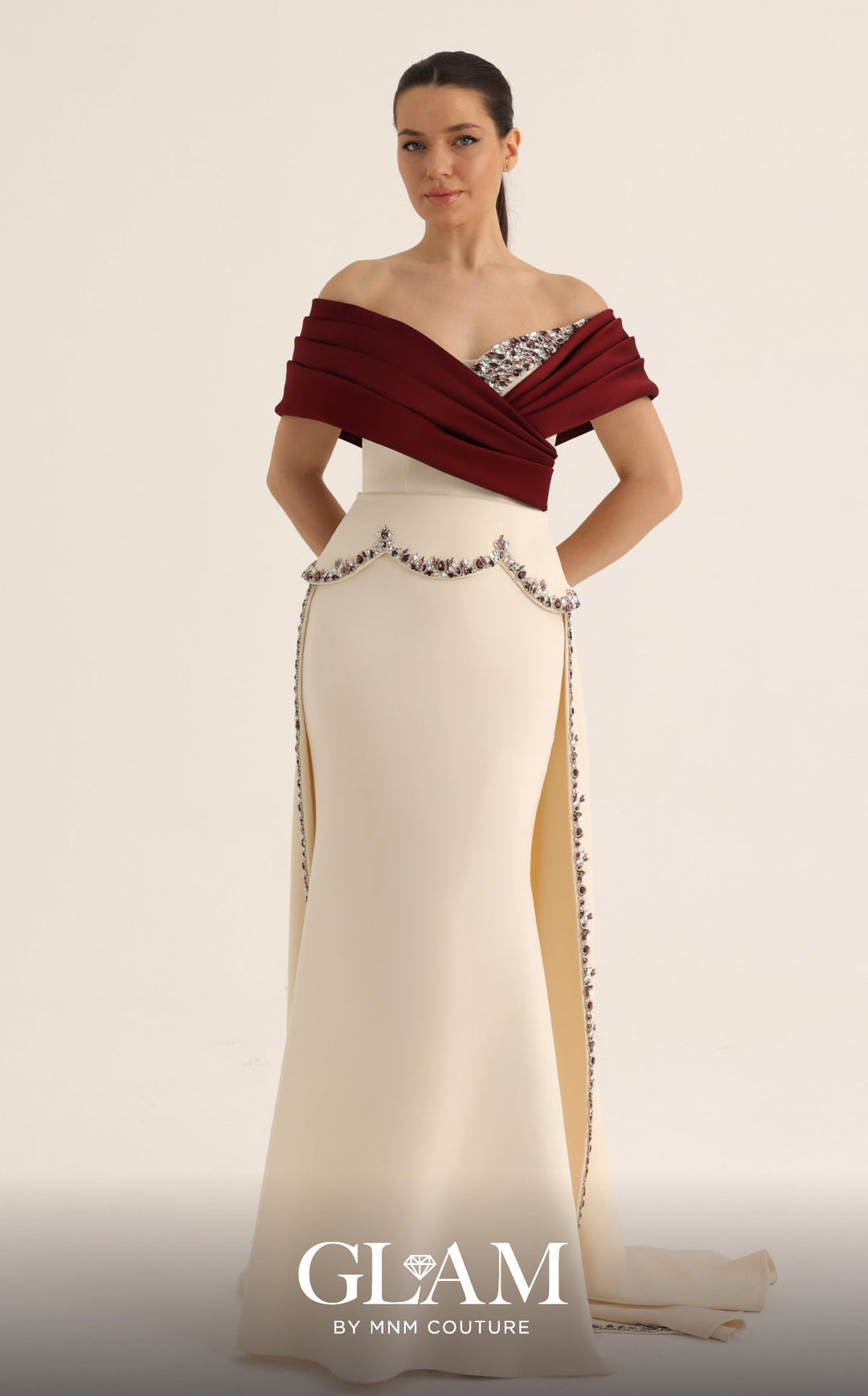 MNM Couture Style O07865: Off-the-Shoulder Column Gown with Crystal Embellishments - FOSTANI.com