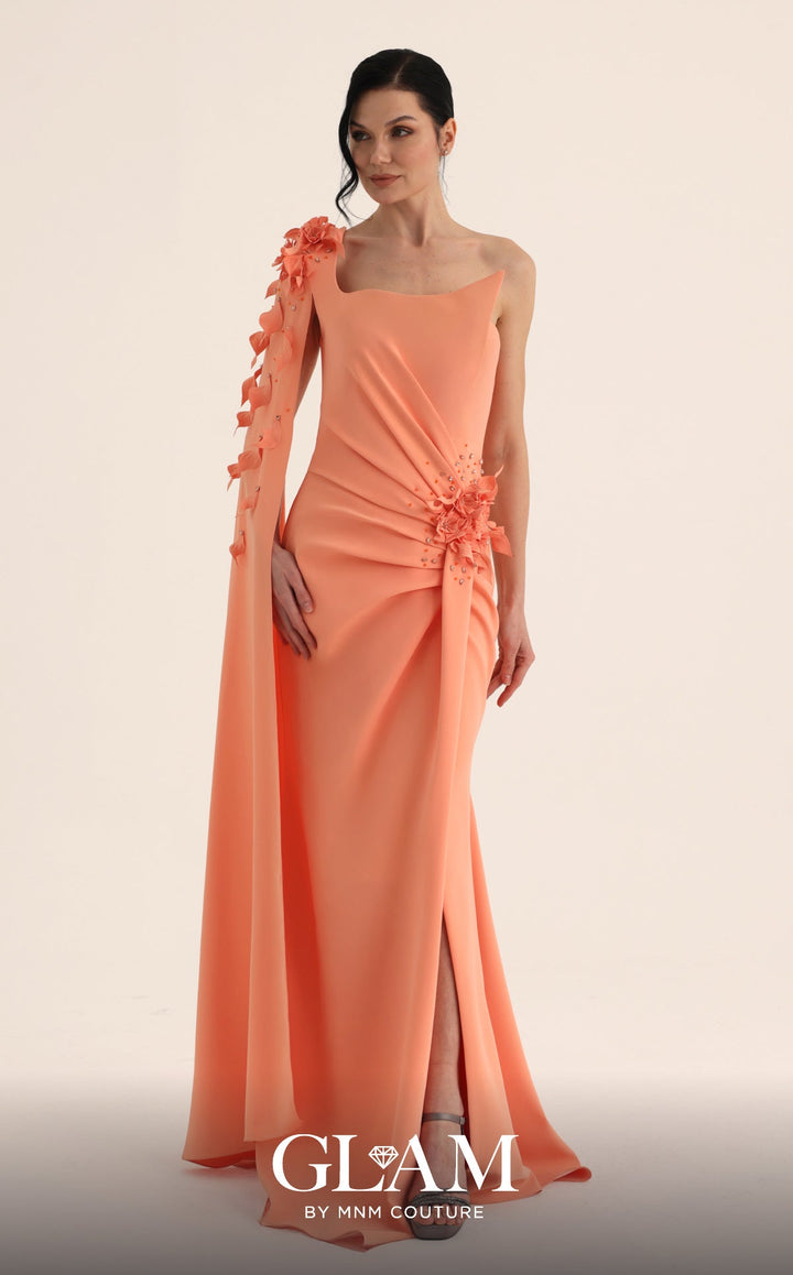 MNM Couture Style O07883: Asymmetric Cap Sleeve Gown with Floral Embellishments - FOSTANI.com
