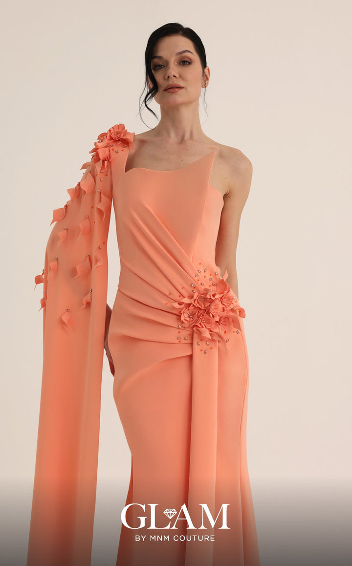 MNM Couture Style O07883: Asymmetric Cap Sleeve Gown with Floral Embellishments - FOSTANI.com