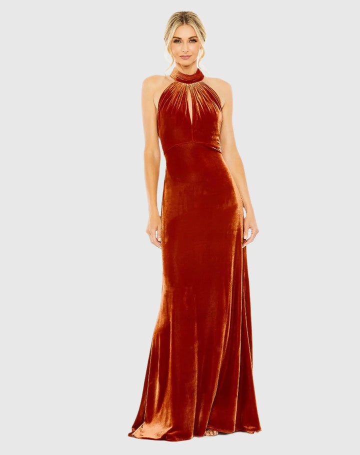 Mac Duggal 55954 Halter Tie Front Slit Velvet Column Gown
