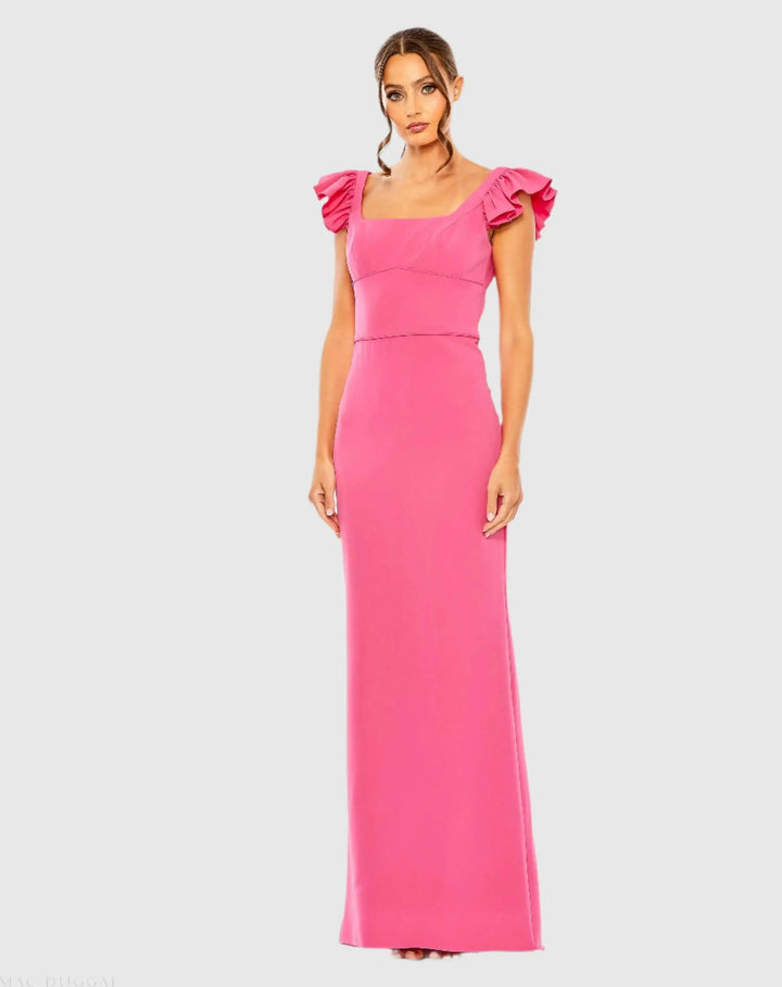 Mac Duggal 27109 Ruffle Cap Sleeve Open Back Column Gown