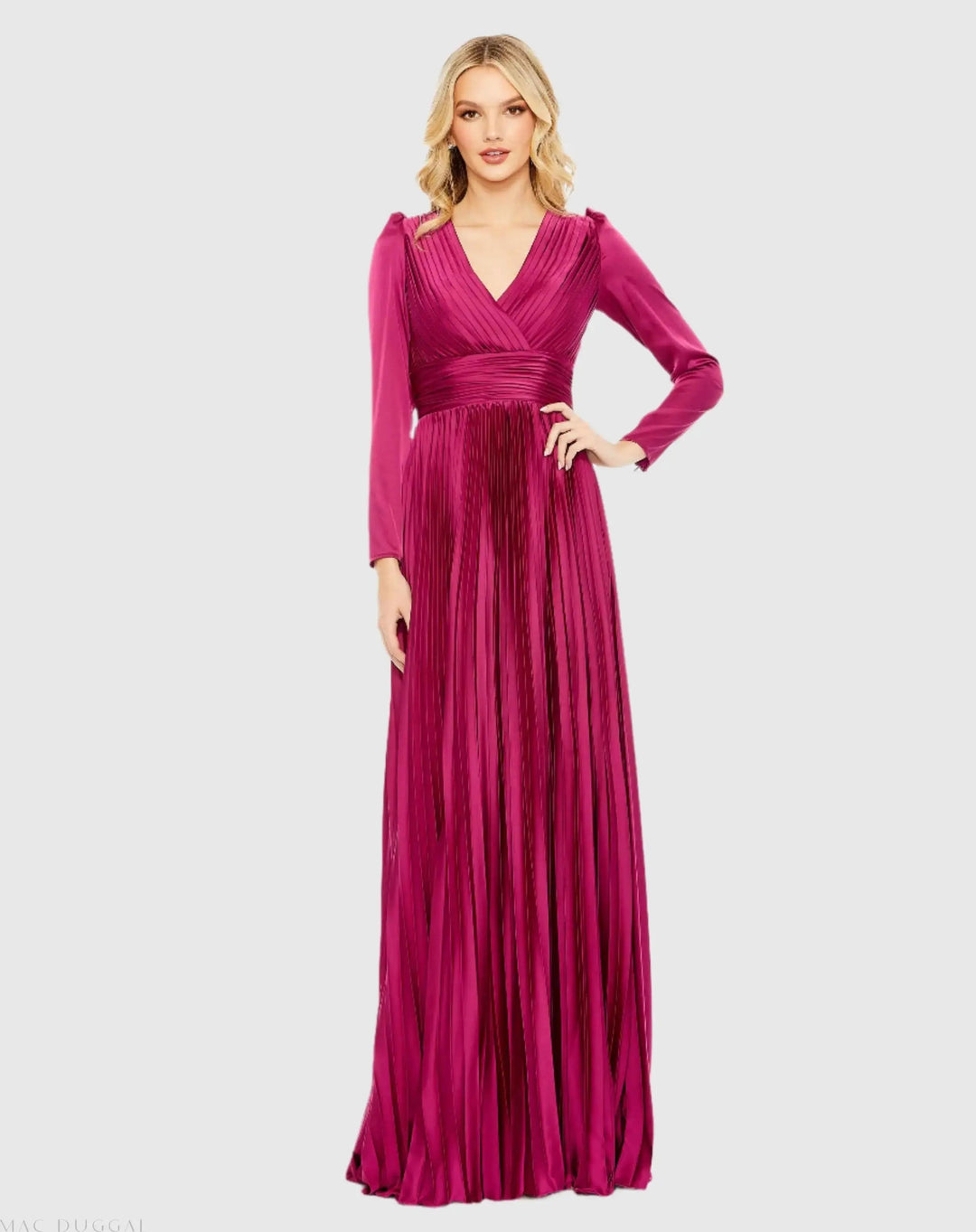 Mac Duggal 26542 Pleated Long Sleeve V-Neck Gown