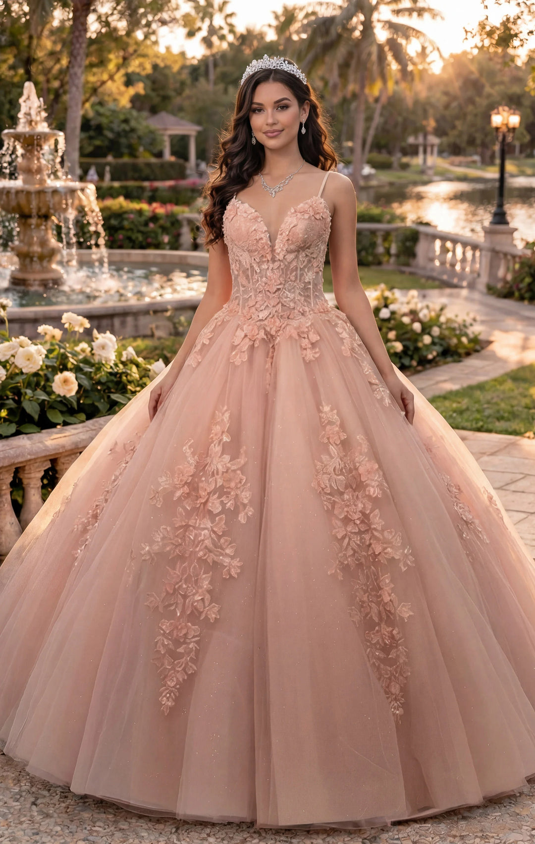 JovaniQ43431 Rose Gold Quinceañera Dress with Floral Appliques