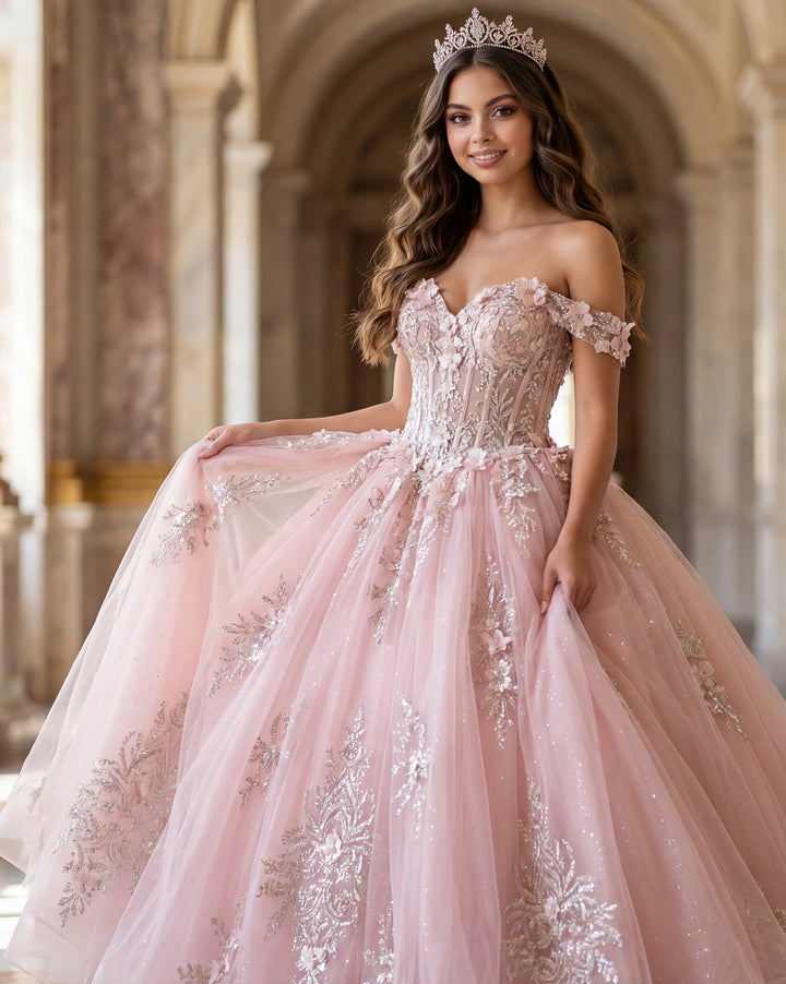 Jovani Q43434 Off Shoulder Ball Gown with Lace Appliqués